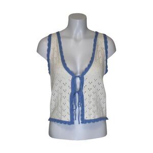 Needii Tie Front Crochet Vest White Blue Sleeveless Cottagecore Womens Medium